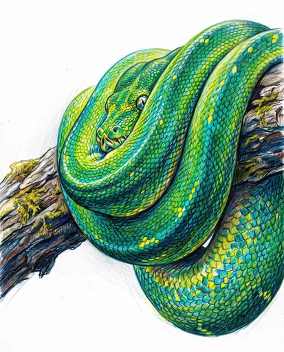Colored Pencil Drawing of Green Tree Python
