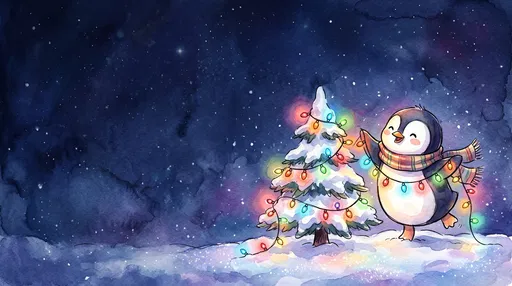Watercolor Penguin Decorating Christmas Tree