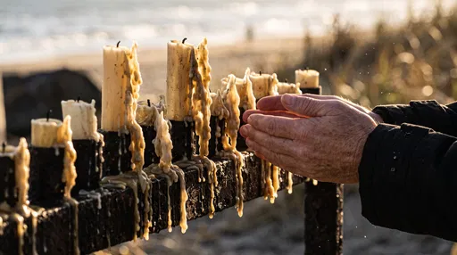 Hands Near Melted Candles on Beach