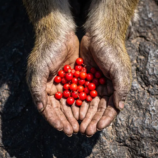 Macaque Hands Holding Red Berries