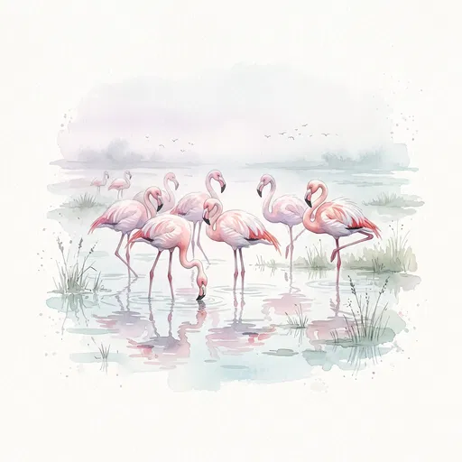 Watercolor Flock of Flamingos in Shallow Water