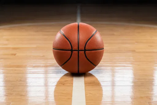 Basketball Centered on Wooden Court Line