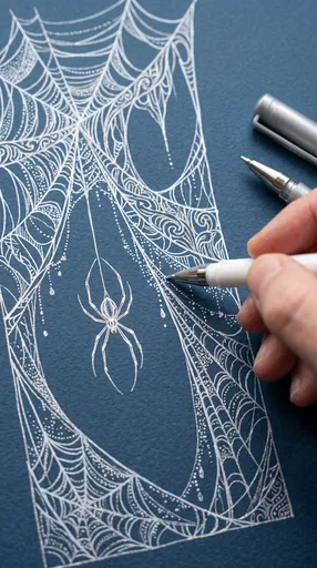 Drawing White Ink Spiderweb on Blue Paper
