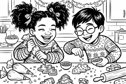 Children Decorating Christmas Cookies Coloring Page