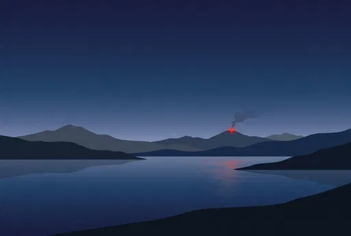 Minimalist Volcanic Eruption Across Calm Bay