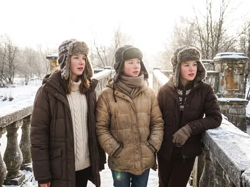 Three Girls on Snowy Stone Bridge