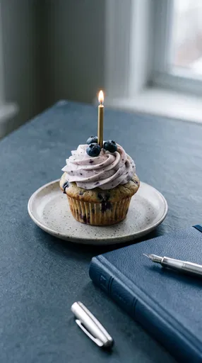 Blueberry Cupcake With Candle And Journal