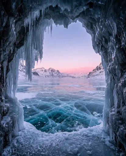 Frozen Alpine Lake from Ice Cave