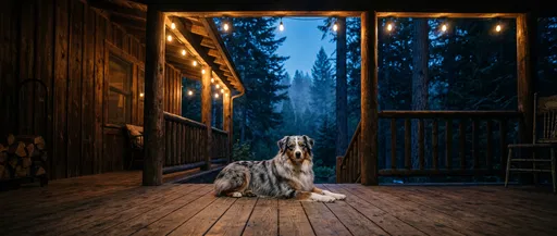 Australian Shepherd on Cabin Porch at Twilight