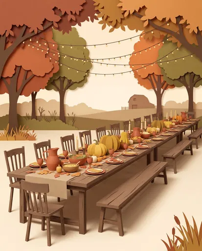 Paper Cut Thanksgiving Banquet Table Scene