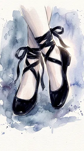 Watercolor Illustration of Black Ribbon Ballet Flats