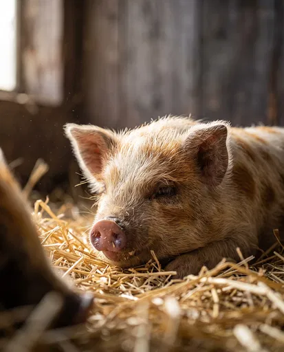Fuzzy Spotted Piglet Resting on Straw