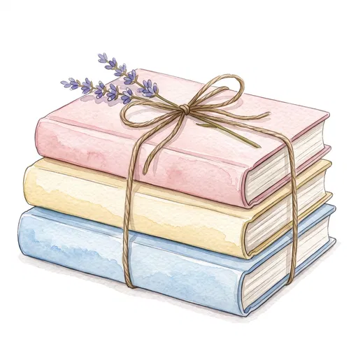 Watercolor Stack of Pastel Books with Lavender