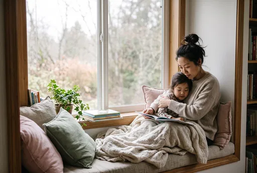 Mother and Daughter Reading on Window Seat