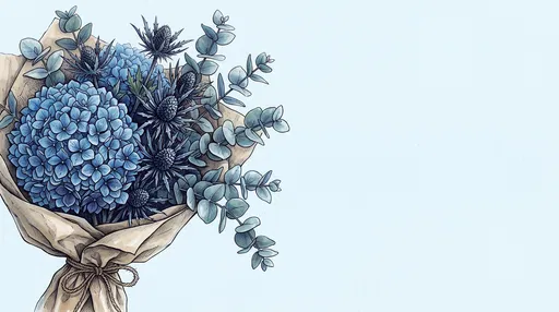 Blue Hydrangea and Thistle Bouquet Illustration