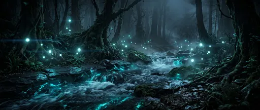 Bioluminescent Stream in Dark Fantasy Forest