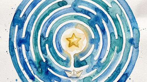 Watercolor Labyrinth With Boat And Star