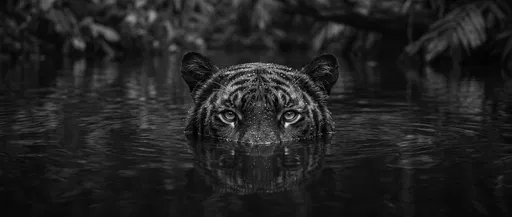 Tiger Peering From Dark Jungle Water