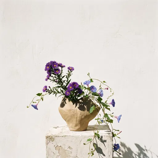 Asters and Morning Glories in Sculptural Vase