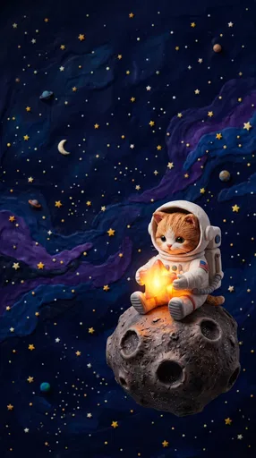 Clay Astronaut Kitten Holding Glowing Star