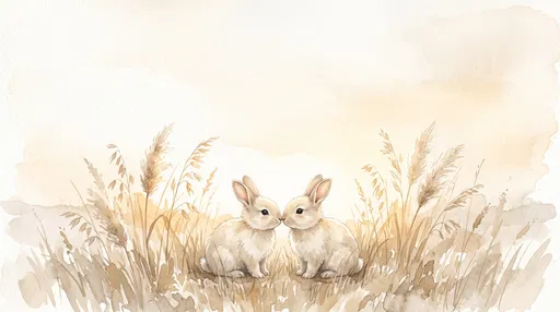 Watercolor Bunnies Nose-to-Nose in Meadow