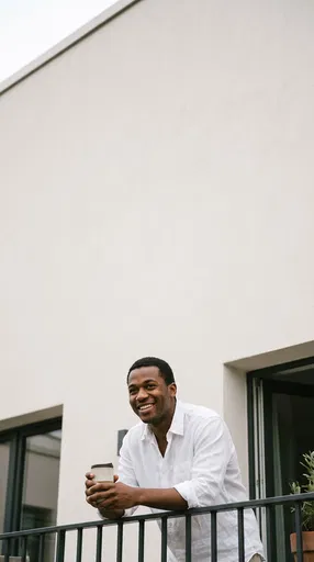 Smiling Man With Mug on Balcony