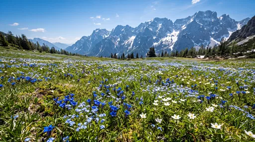 Alpine Meadow with Blue and White Wildflowers