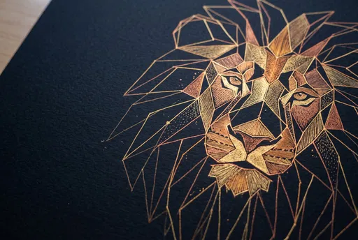 Metallic Geometric Lion Drawing on Black Cardstock