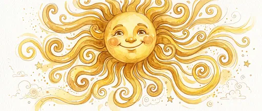 Whimsical Watercolor Smiling Golden Sun Illustration