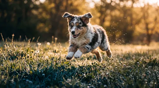 Australian Shepherd Puppy Bounding in Meadow