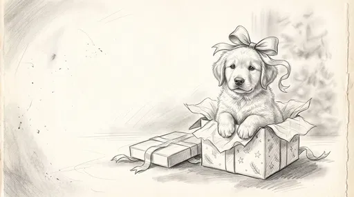 Pencil Sketch of Puppy in Gift Box