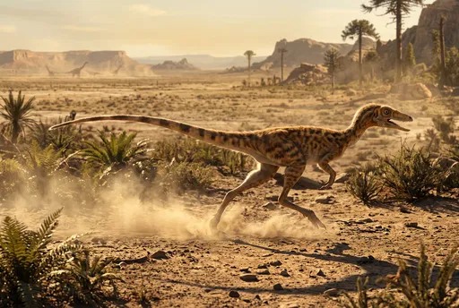 Compsognathus Running Across Arid Prehistoric Plain