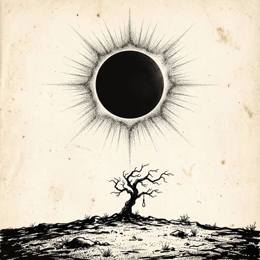 Ink Drawing of Tree and Eclipsed Sun