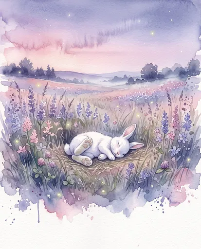 Watercolor Sleeping White Bunny in Meadow