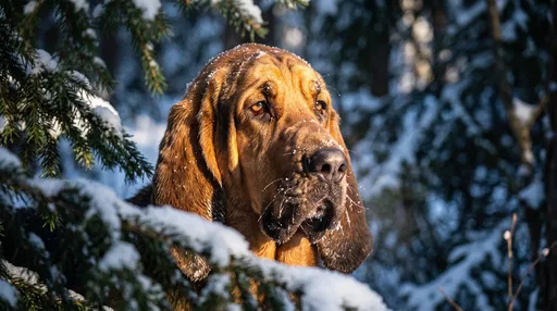 Bloodhound Peering Through Snowy Pine Branches