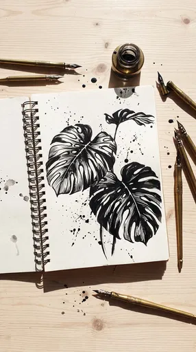 Monstera Ink Drawing in Open Sketchbook