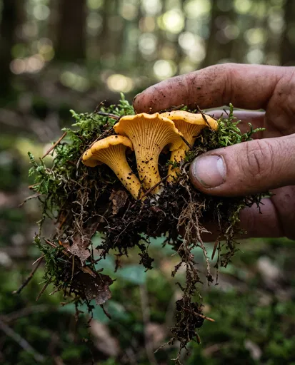 Hand Holding Foraged Chanterelle Mushrooms