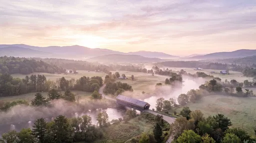 Aerial View of Covered Bridge at Sunrise