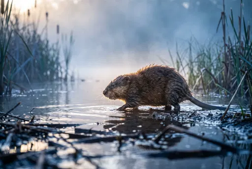 Muskrat Wading in Misty Morning Marsh