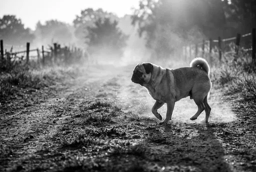 Pug Walking on Misty Country Path
