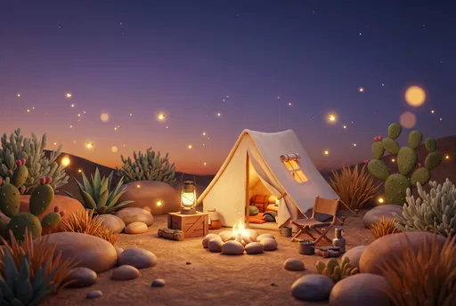 Stylized 3D Desert Campsite at Twilight