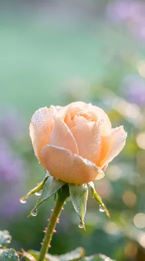 Pastel Peach Rosebud with Morning Dew
