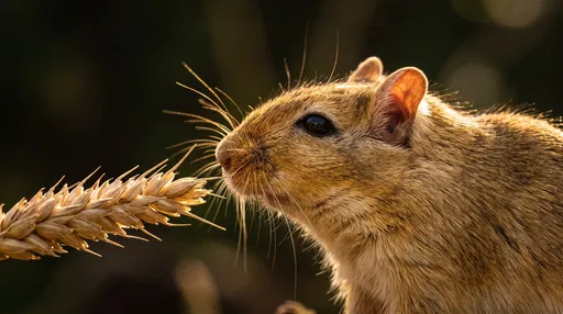 Golden Gerbil Sniffing Dry Wheat Stalk