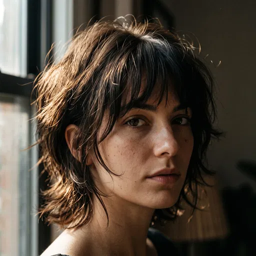 Woman With Short Brunette Wolf Cut
