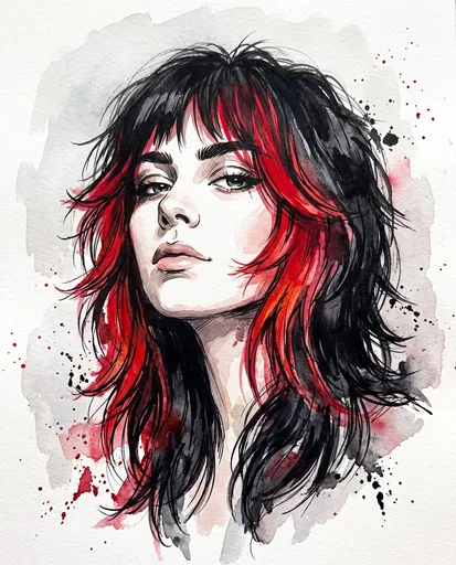 Watercolor Portrait of Woman with Shag Hair