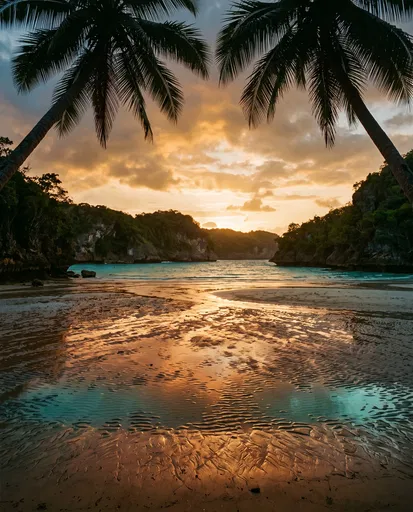 Tropical Cove Sunset Framed by Palms
