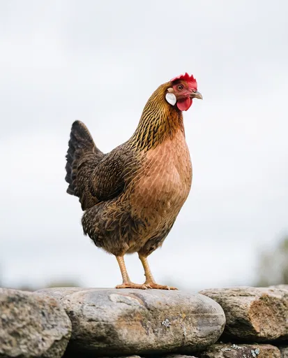 Brown Leghorn Hen on Stone Wall