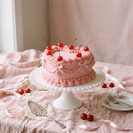 Pink Vintage Heart Cake with Cherries