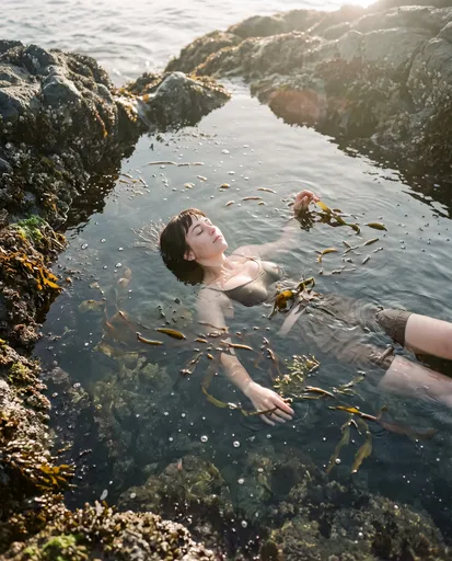 Woman Floating in Rocky Tide Pool