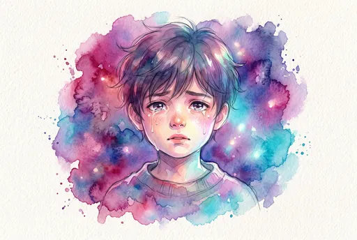 Watercolor Portrait of Crying Anime Boy